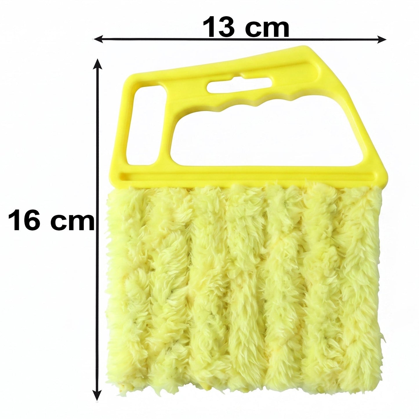 A yellow microfiber blind cleaner with dimensions labeled: 13 cm width and 16 cm height, on a white background.