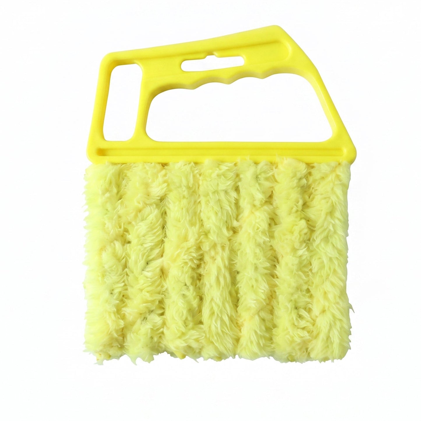 A bright yellow microfiber blind cleaner with a plastic handle and five microfiber fingers, on a white background.