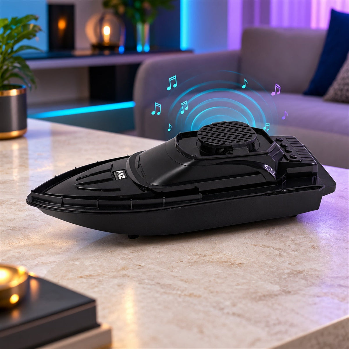 A black boat-shaped wireless speaker sits on a light marble table, emitting blue sound waves and musical notes.