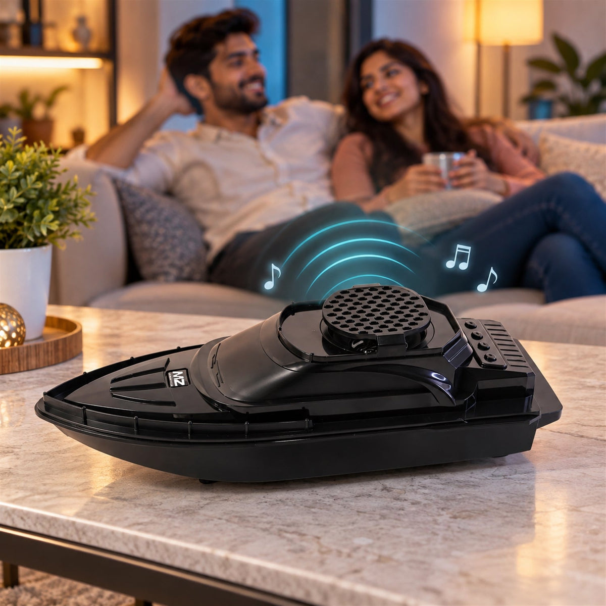 A black boat-shaped speaker on a table, with a smiling couple relaxing on a sofa in the blurred background.