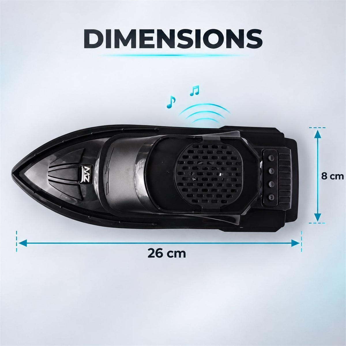 An overhead view of the black speaker illustrates its dimensions, measuring 26 cm in length and 8 cm in width.