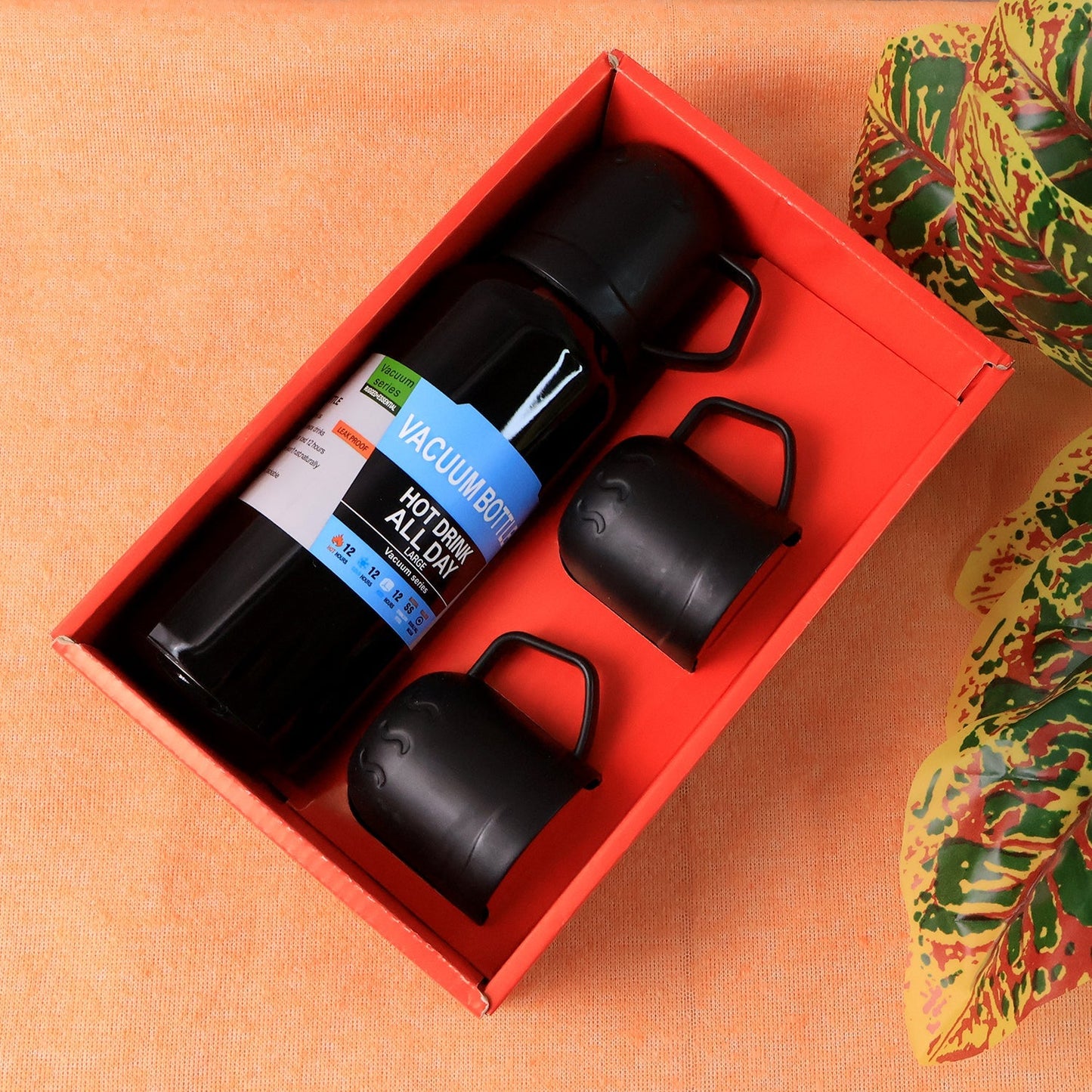 Black Vacuum Flask Set â€“ Stainless Steel Thermos with 3 Cups, Approx 500ml