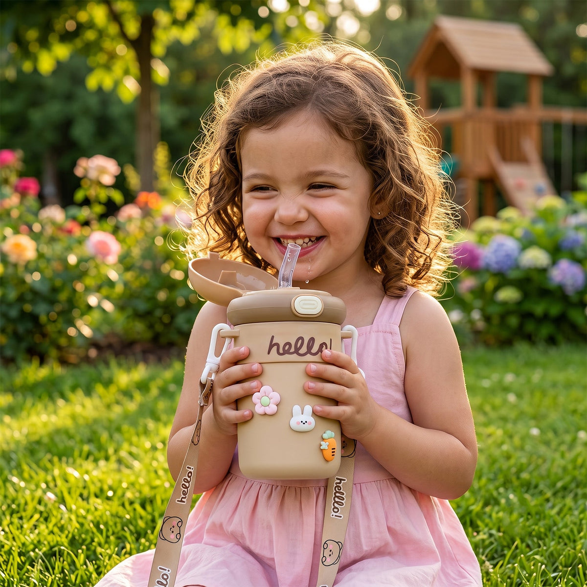 A happy child holds a tan sipper bottle with a straw, charms, and a patterned strap in a sunny garden.