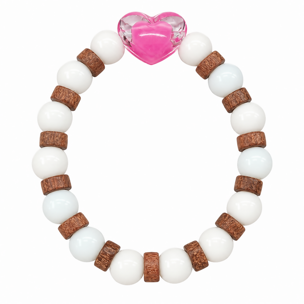 Heart Charm Bracelet with White Beads and Rustic Brown Spacer Details