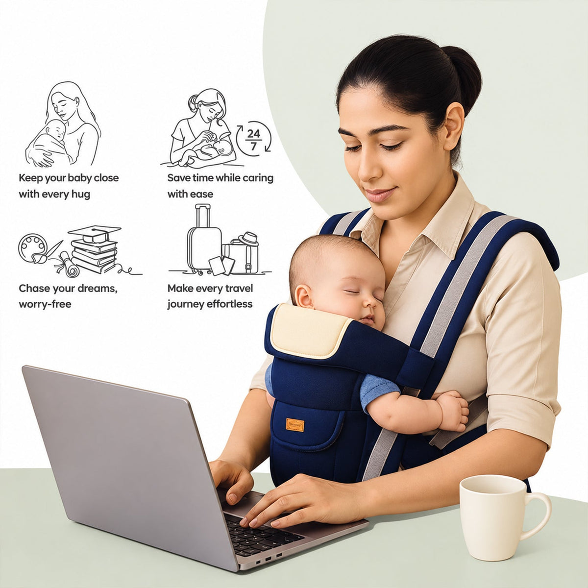Baby Carrier With Padded Head Support And Adjustable Shoulder Straps (1 Pc)