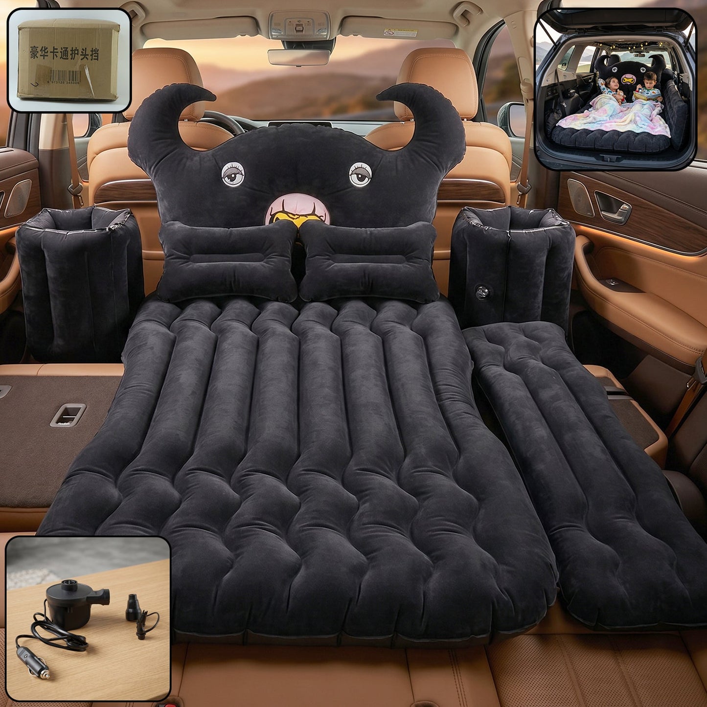 Car Air Mattress with Black Monster Pillow and Cushions for Kids and Adults (1 Set)
