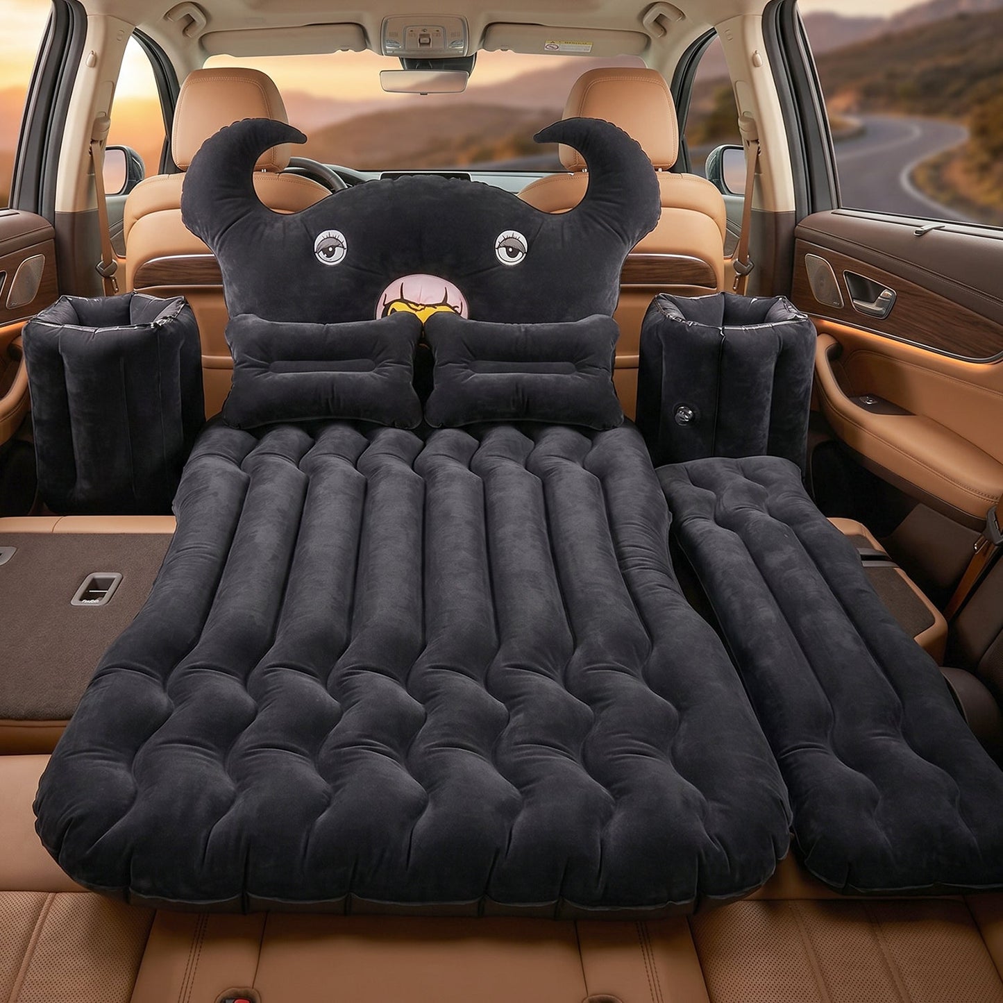 Car Air Mattress with Black Monster Pillow and Cushions for Kids and Adults (1 Set)