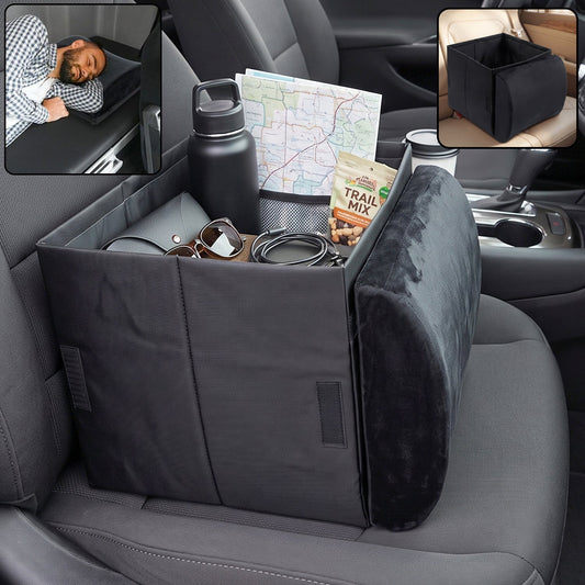 Foldable car organizer box, front seat storage with fold out armrest cushion (1 pc)