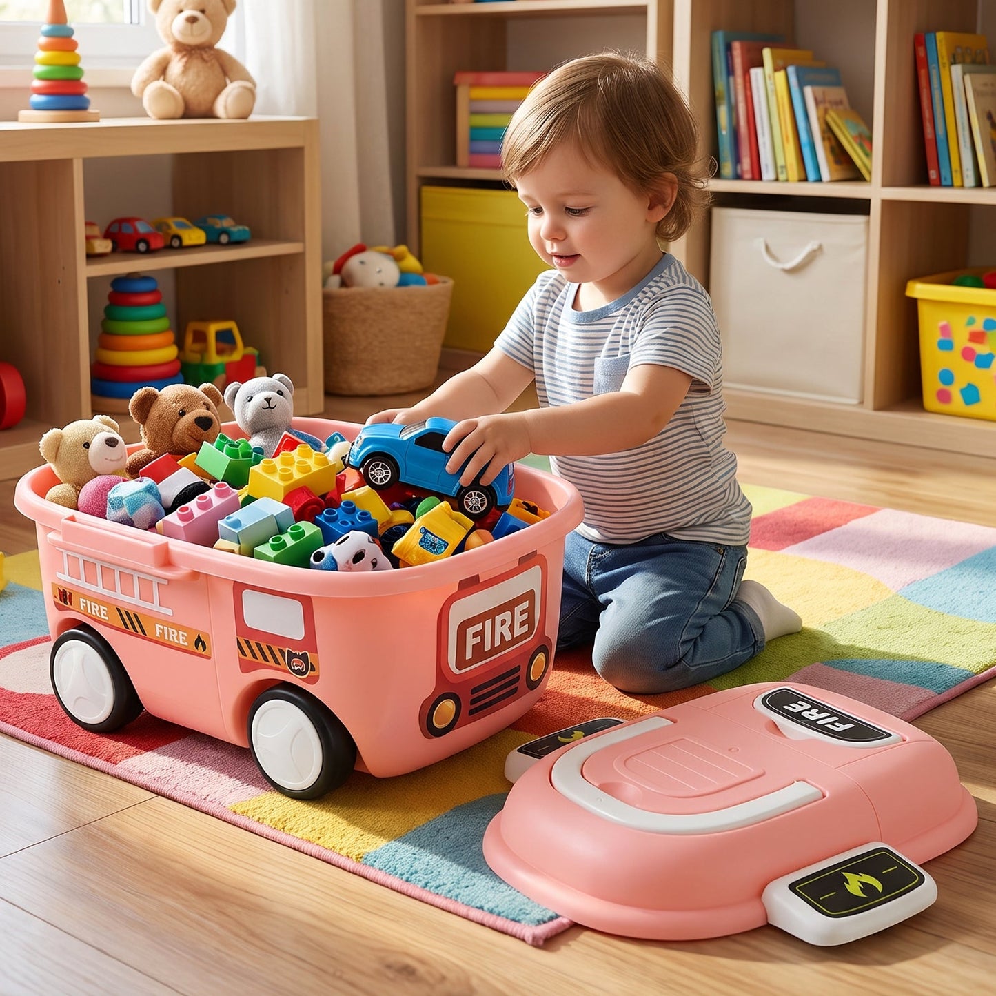 A toddler sits on a colorful rug, placing a blue car toy into the pink fire truck storage box filled with other toys.