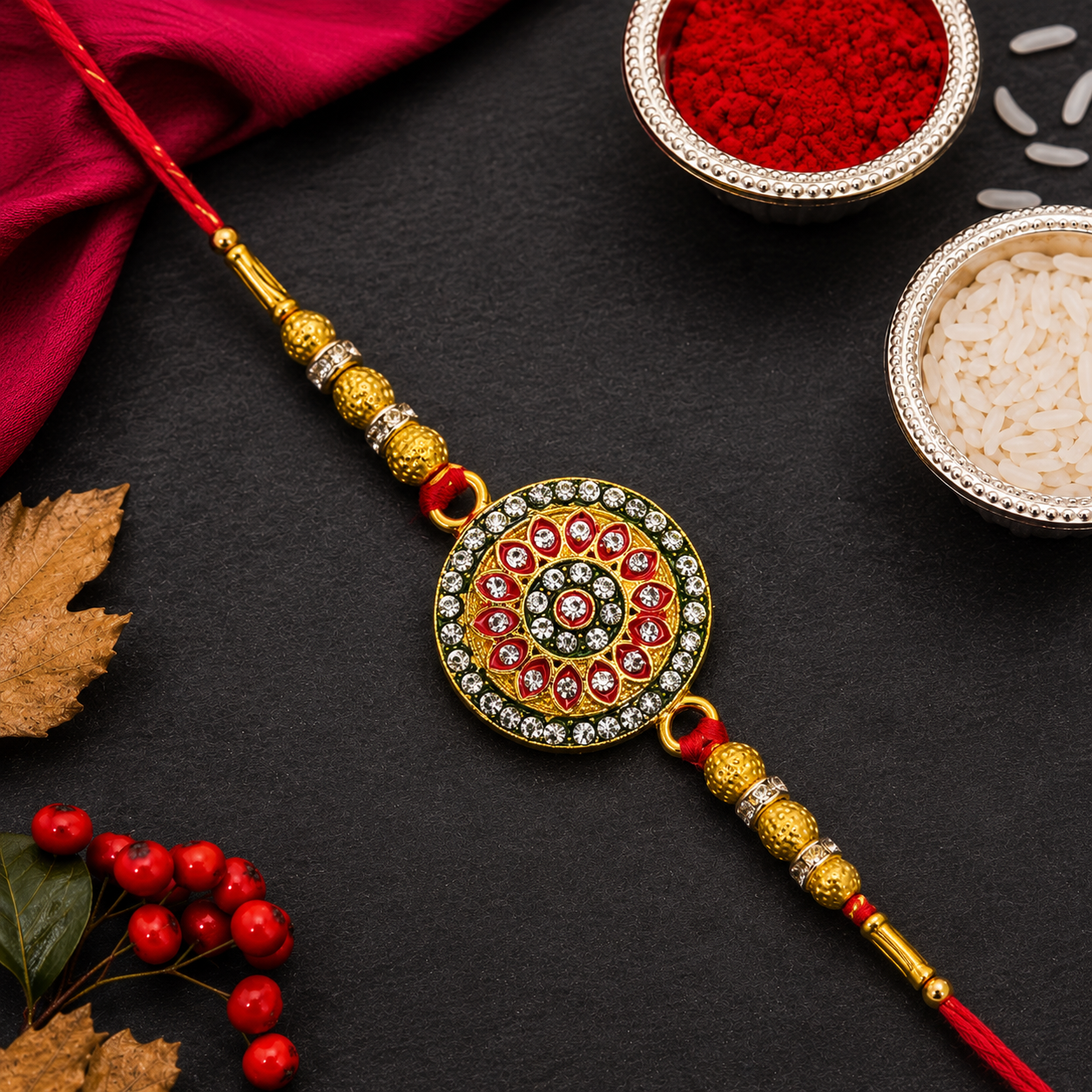 Close-up of Royal Designer Kundan Rakhi with golden beads and red and green enamel