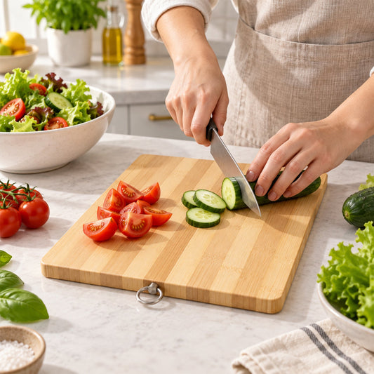 A person slices fresh green cucumber on a light wood cutting board with tomatoes and salad nearby.