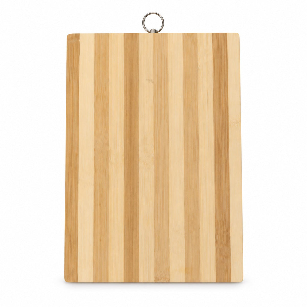 A rectangular bamboo cutting board with alternating light and dark wood stripes hangs against a white background.