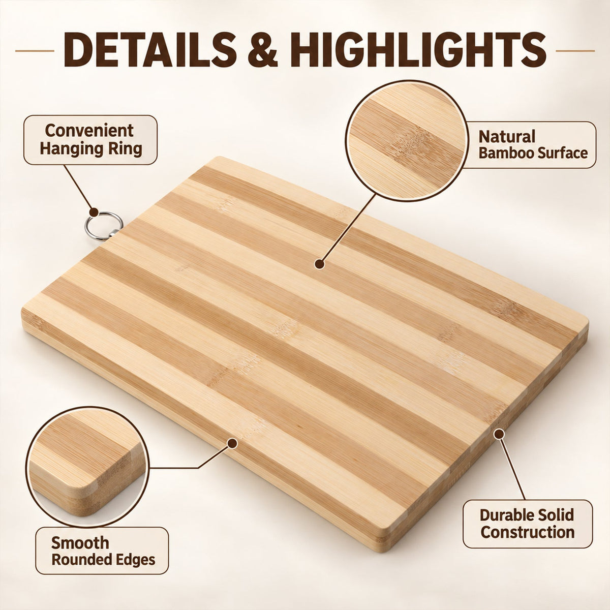 An angled view of the bamboo cutting board highlights its natural surface, rounded edges, and durable construction.