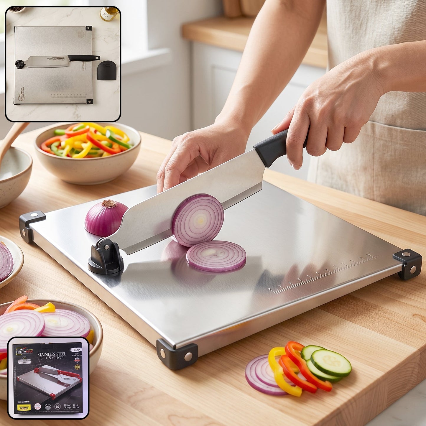 Stainless Steel 2 in 1 Cut and Chop Board with Knife and Sharpener (1 Set)