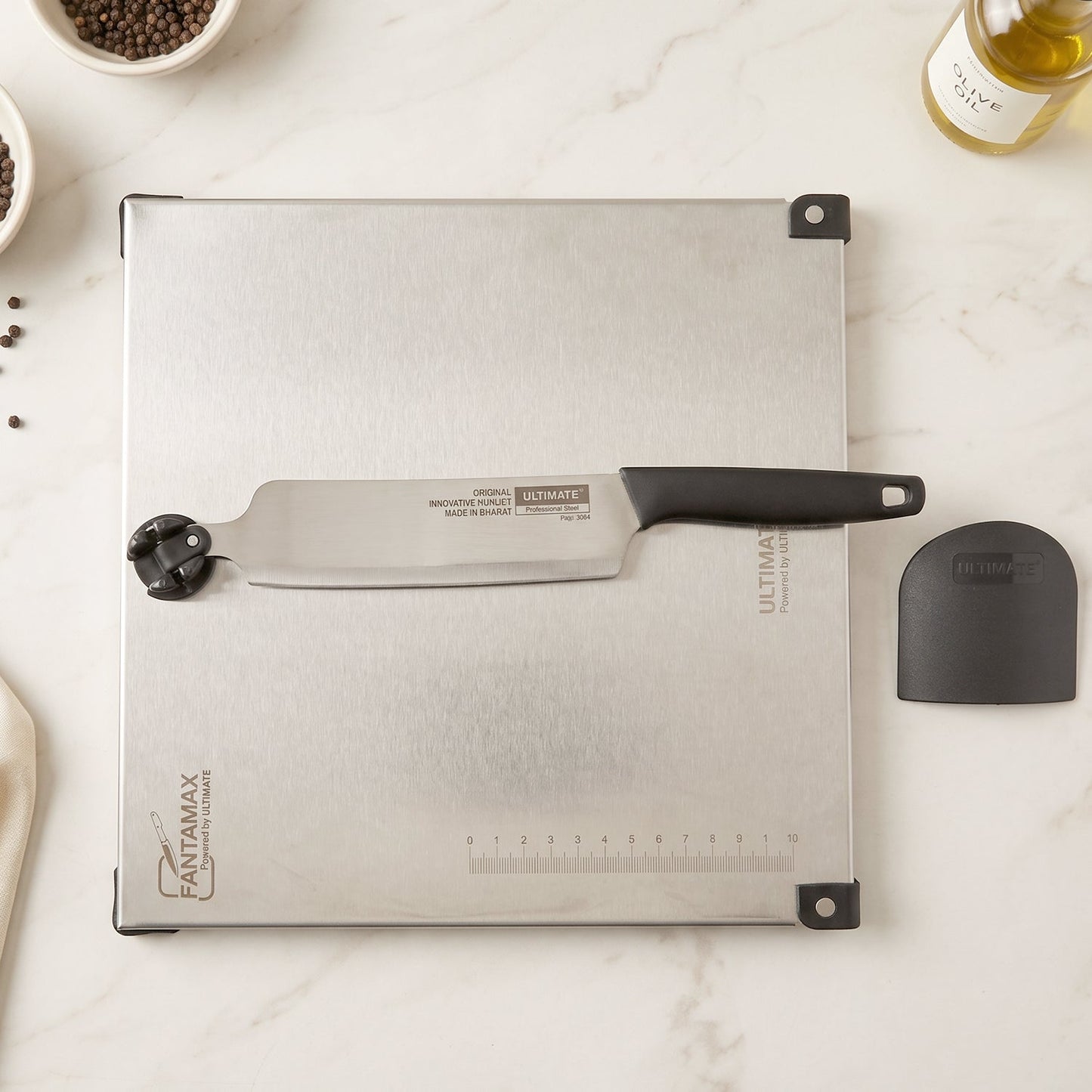 Stainless Steel 2 in 1 Cut and Chop Board with Knife and Sharpener (1 Set)
