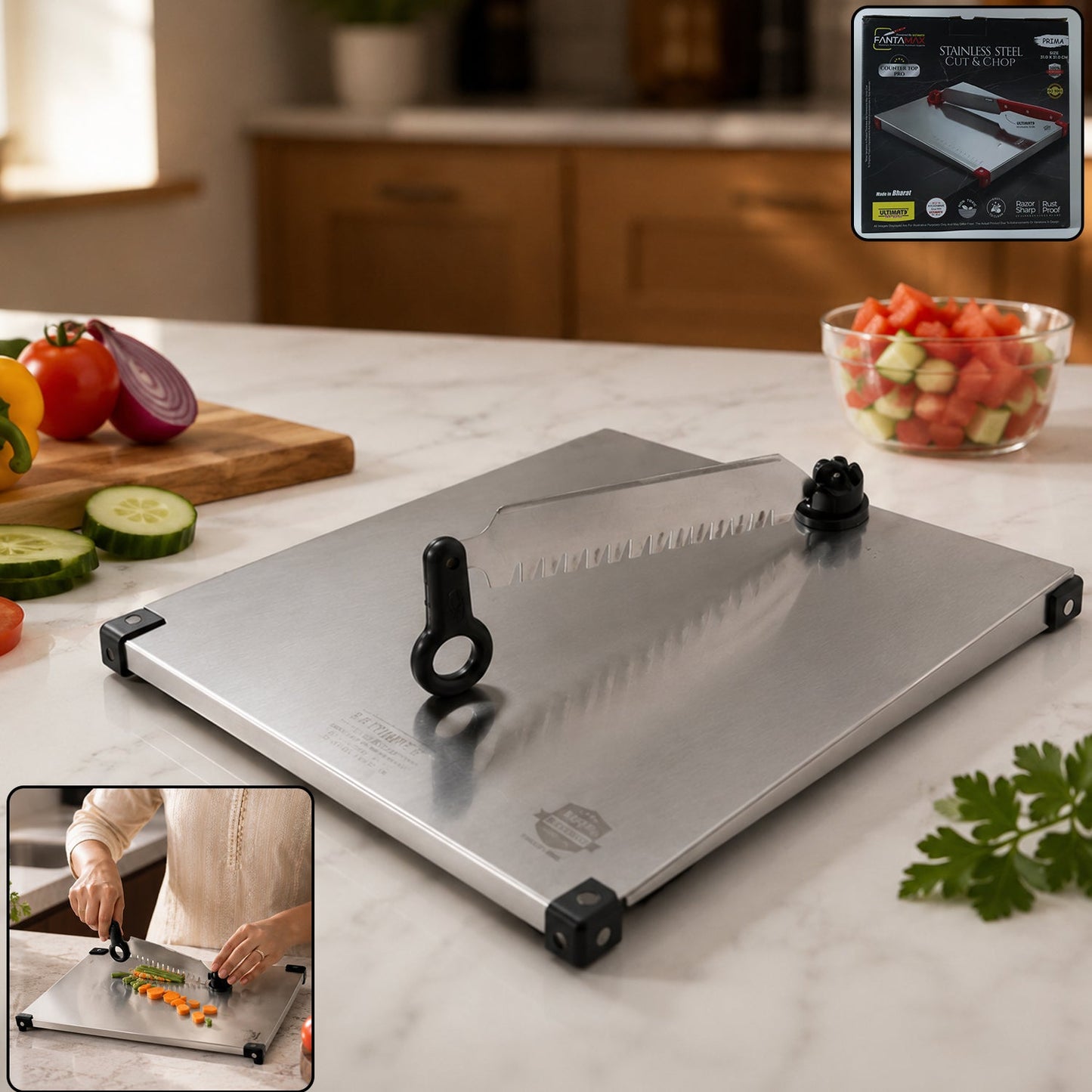 Stainless Steel 2 in 1 Cutting and Chopping Board with Knife for Kitchen (1 Pc)