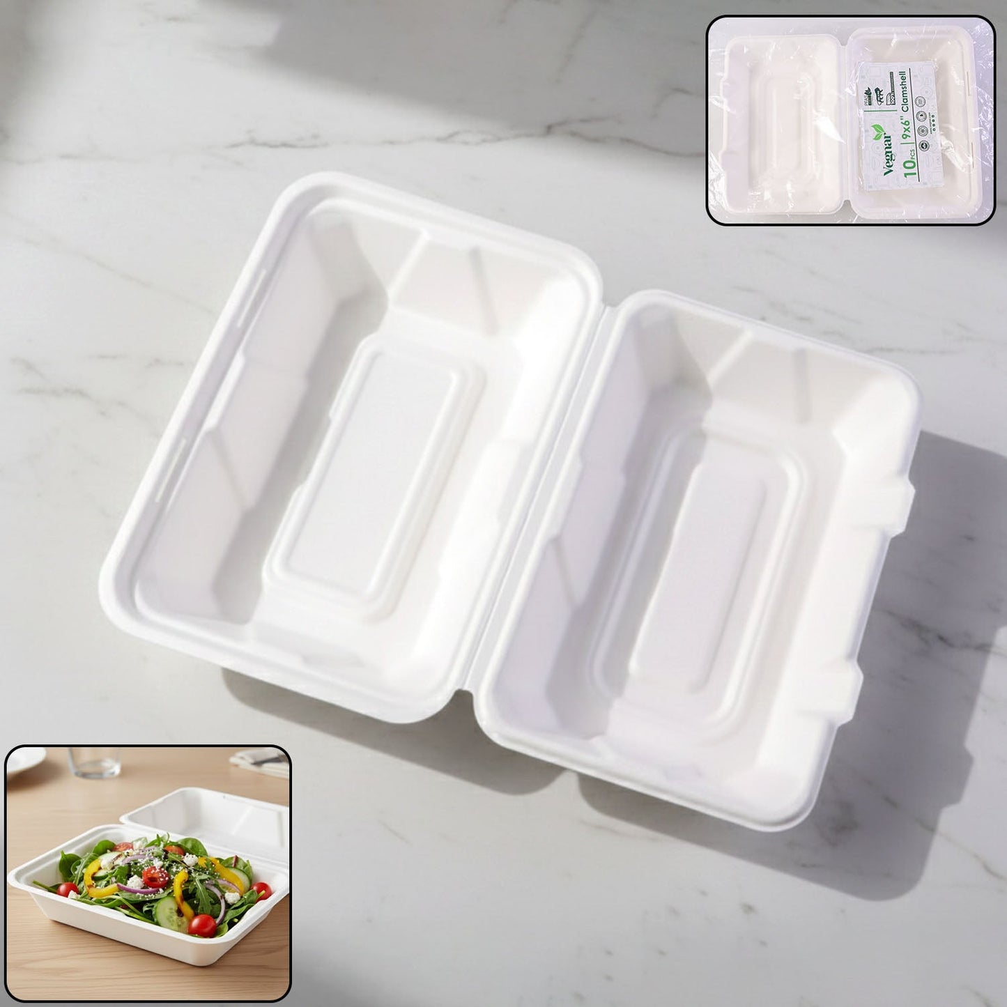 Vegnar Premium Bagasse Clamshell Food Box (10 Pc, 9x6 Inch)