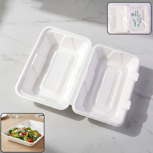 Vegnar Premium Bagasse Clamshell Food Box (10 Pc, 9x6 Inch)