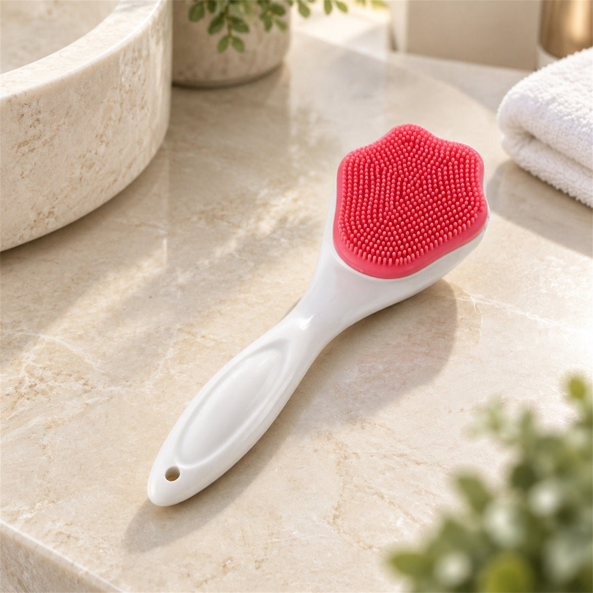 A white-handled brush with a pink, paw-shaped silicone head rests on a light marble countertop in a bathroom setting.