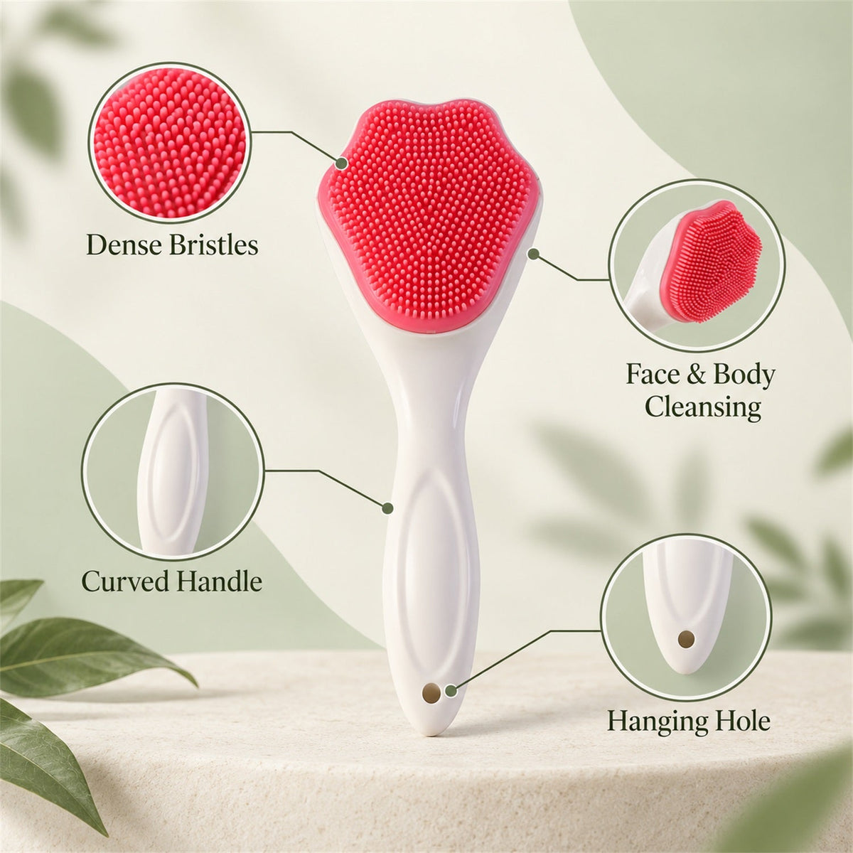 A white-handled brush with a pink, paw-shaped silicone head is highlighted with callouts for bristles, handle, and hanging