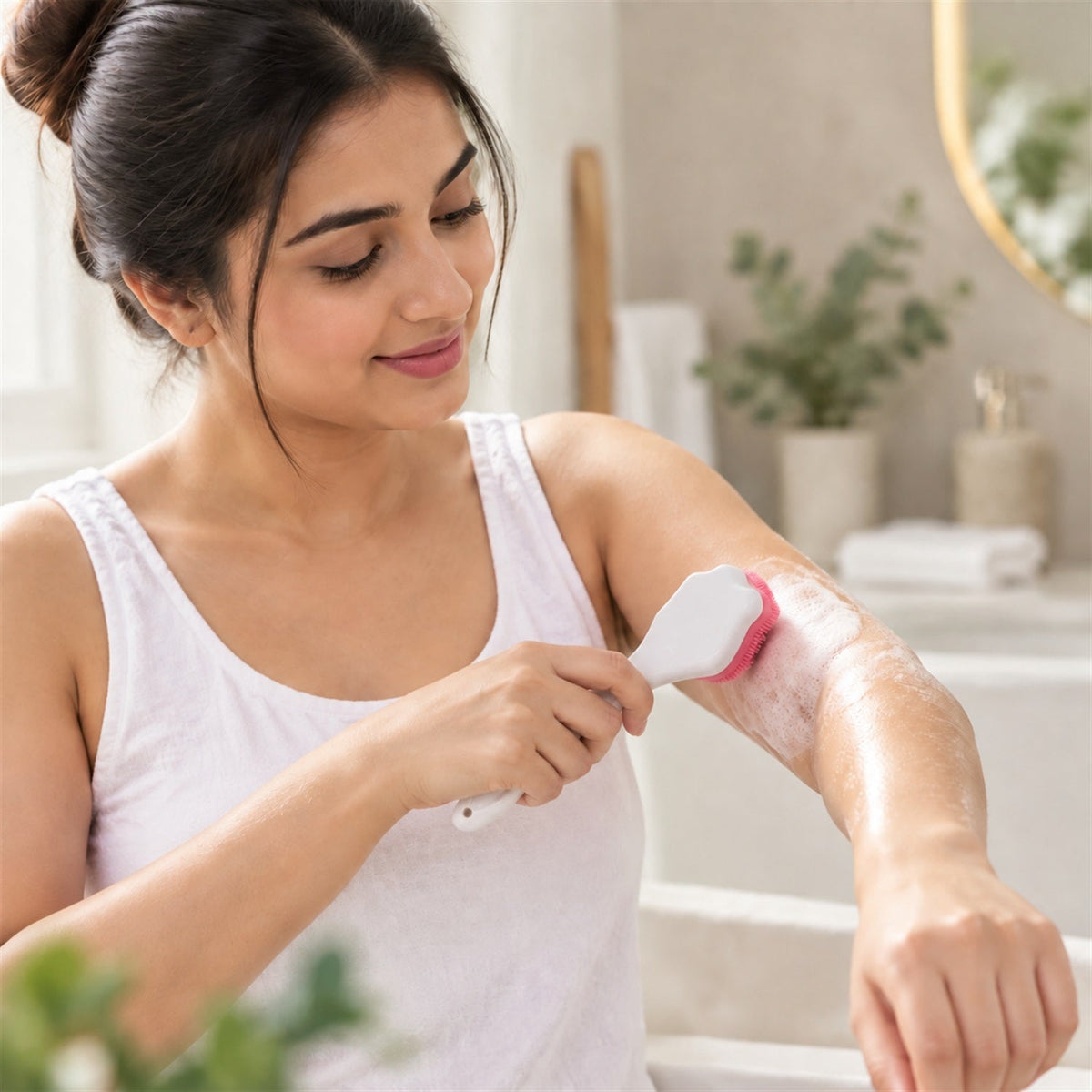 A woman in a white tank top gently scrubs her arm with a pink and white silicone brush, creating lather.