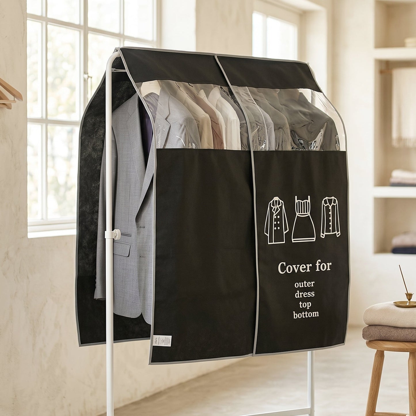 Clothes rack organiser with dust cover in black fabric
