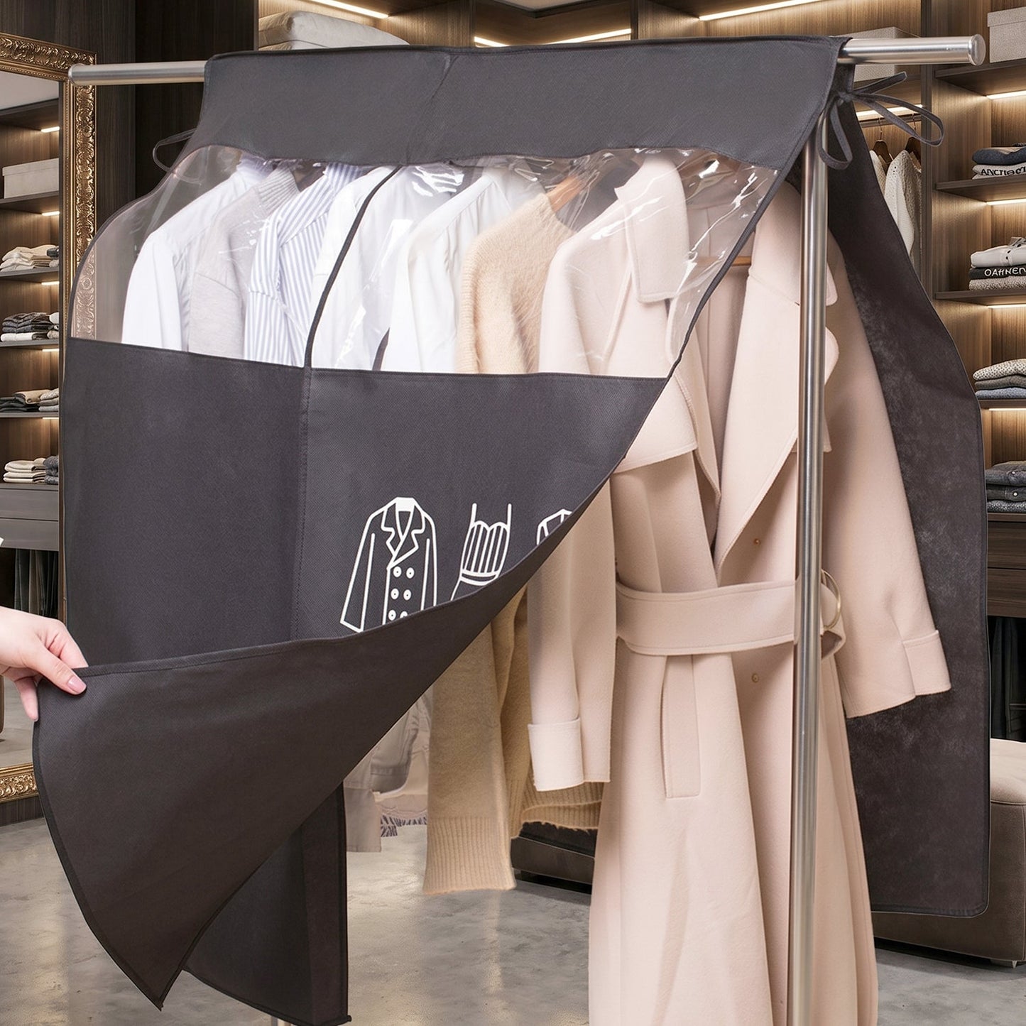 Close-up of front zip closure and clear window on garment cover