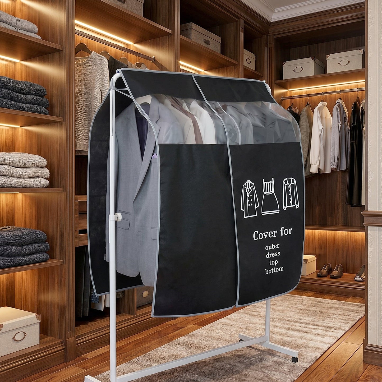 Multiple garment dust covers protecting clothes in a retail store