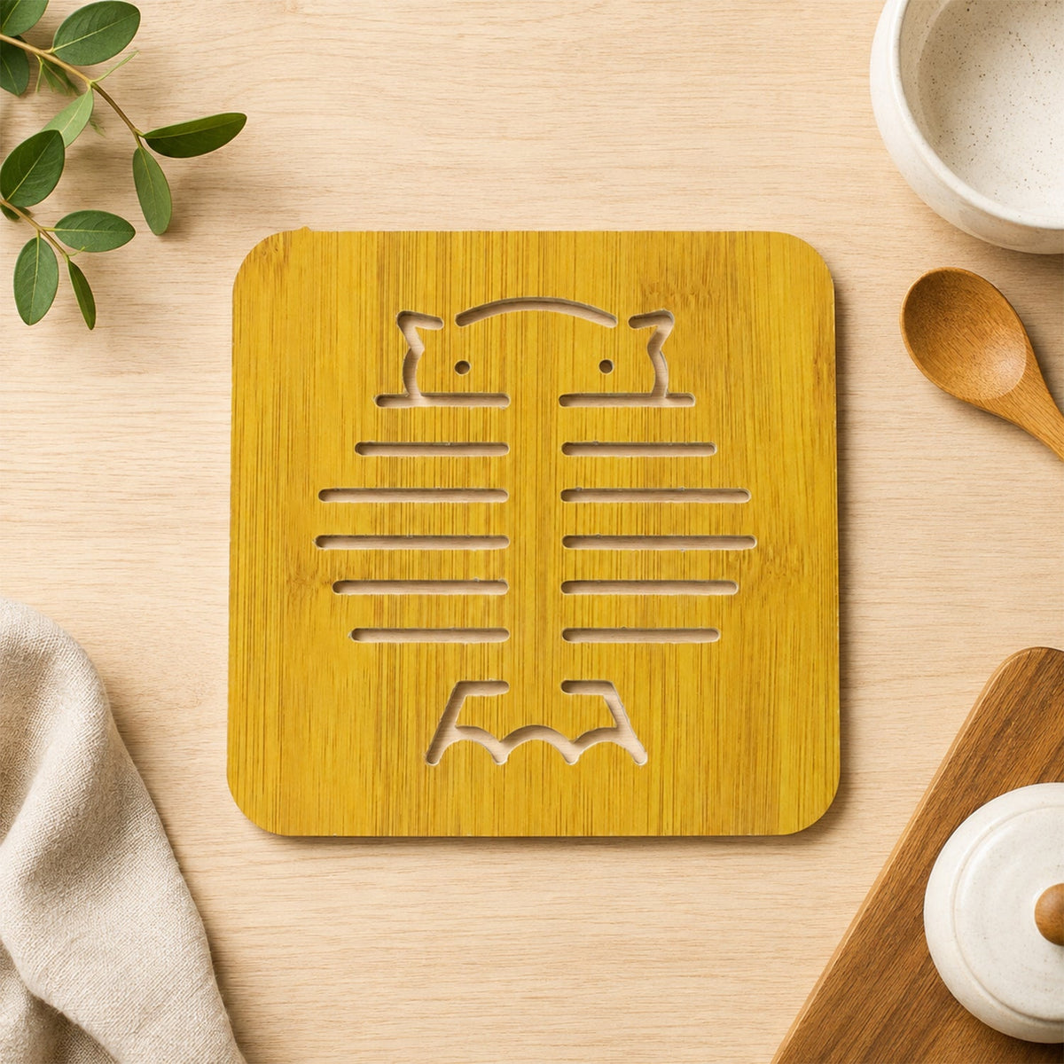 Square Wooden Trivet Mat with Cut Out Design for Hot Pots (1 Pc)