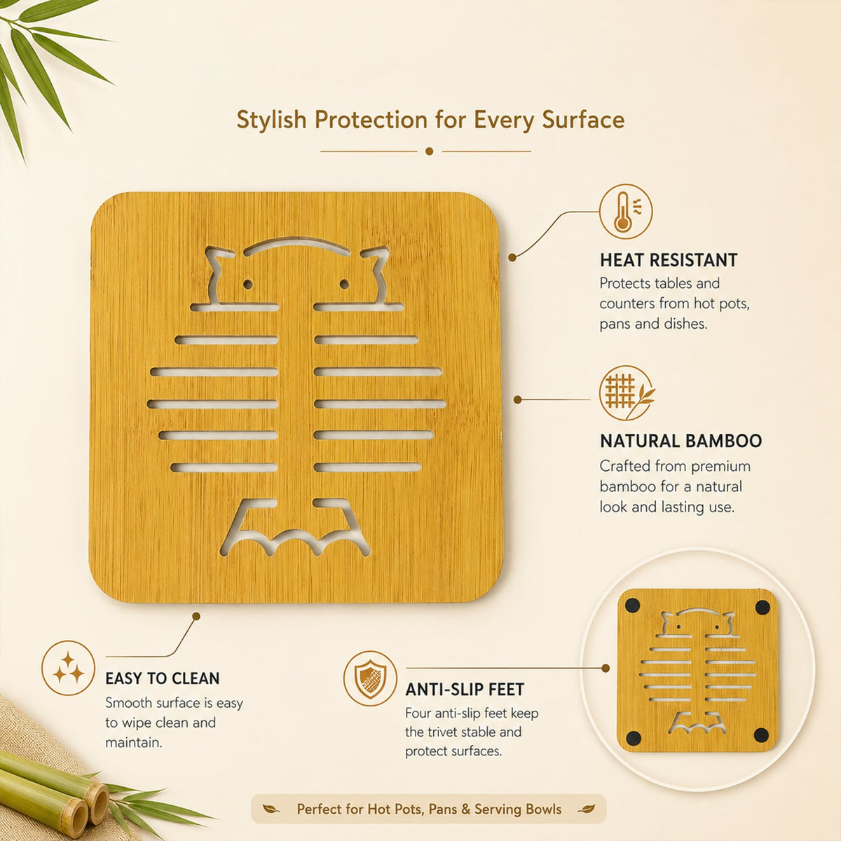 Square Wooden Trivet Mat with Cut Out Design for Hot Pots (1 Pc)