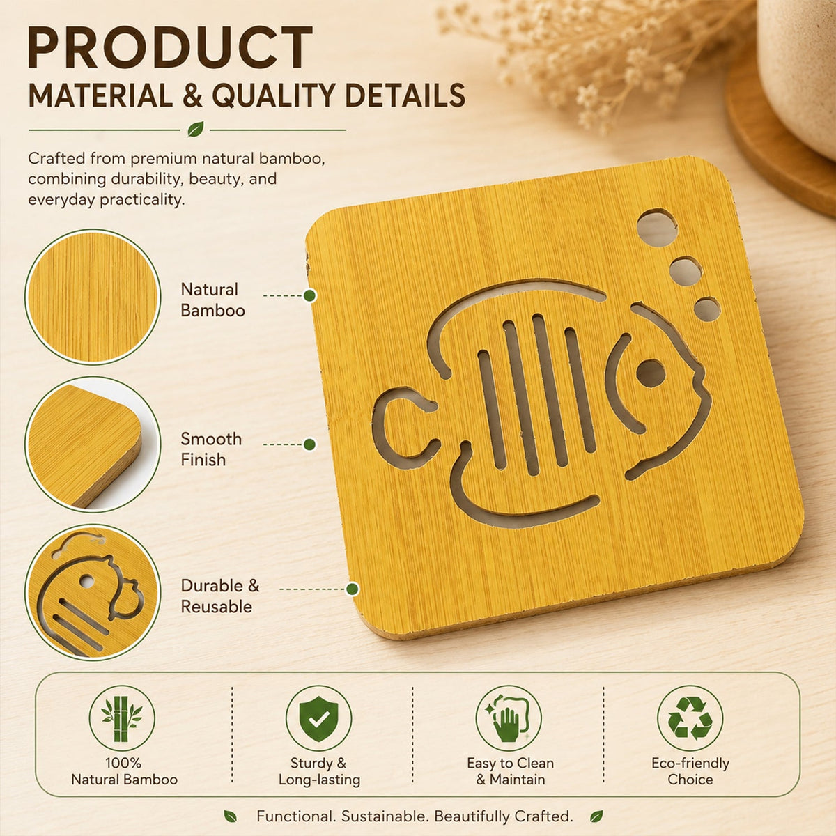 Square Wooden Coaster with Cut Out Design for Tea and Coffee (1 Pc)