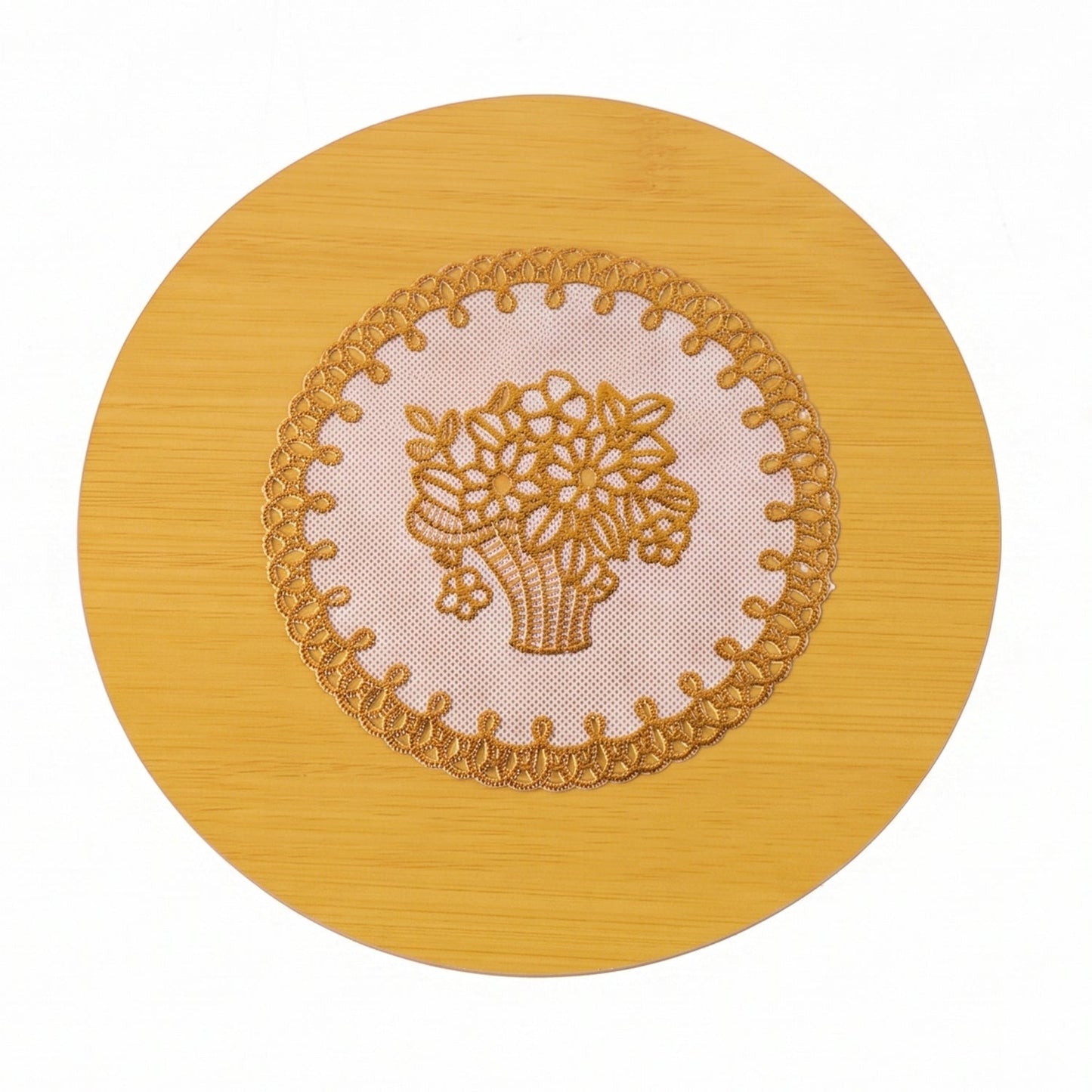 Stylish wooden coaster placed under a hot mug on a table.