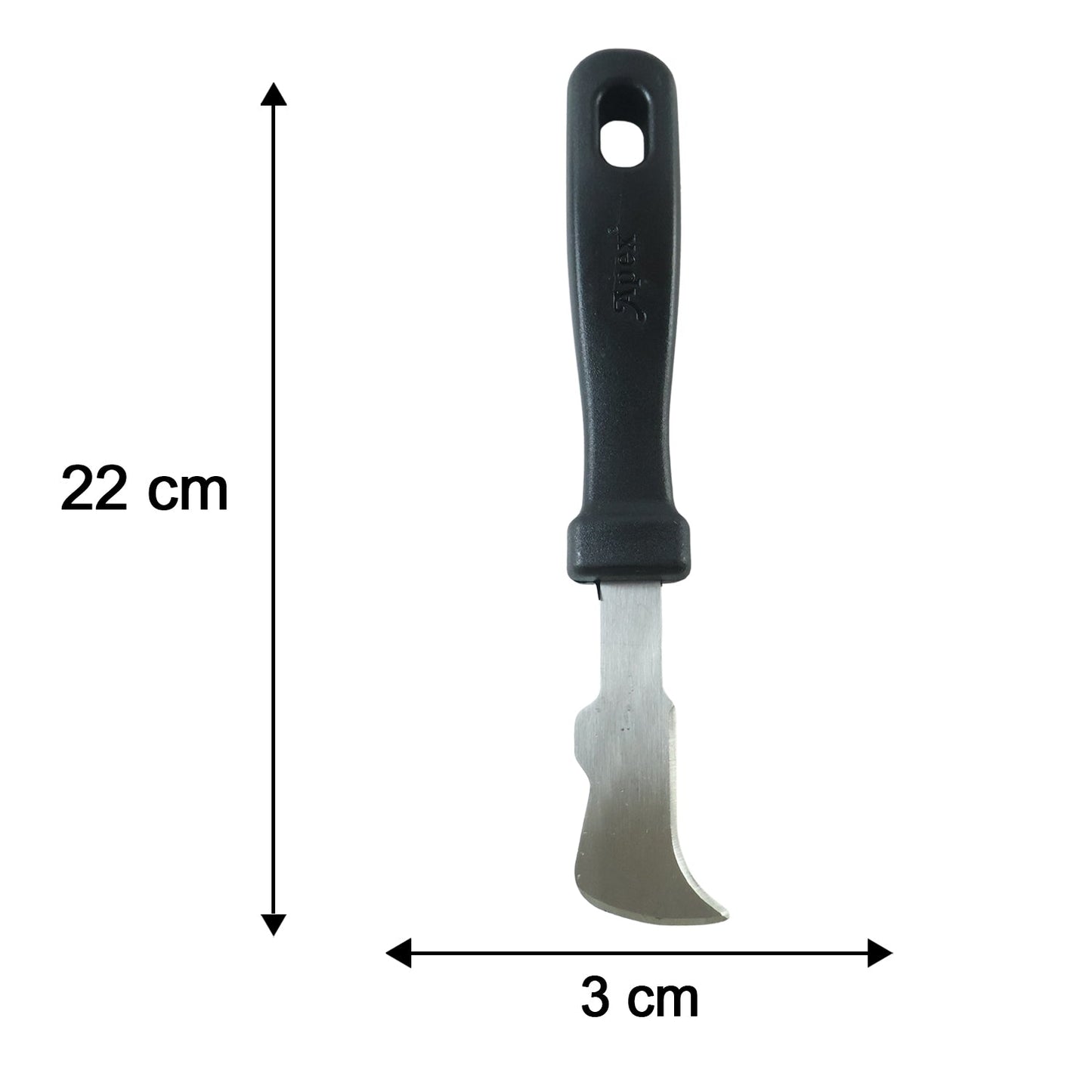 The Apex coconut meat removal tool with a black handle and silver blade, showing dimensions of 22 cm length and 3 cm width.