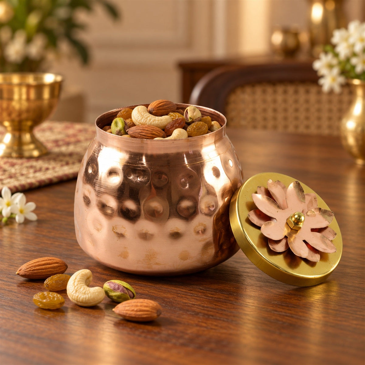 Copper finish storage jar flower lid dry fruits