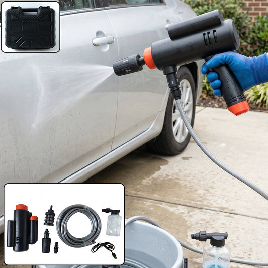 Portable high pressure cordless car washer gun kit with hose and foam for outdoor cleaning.