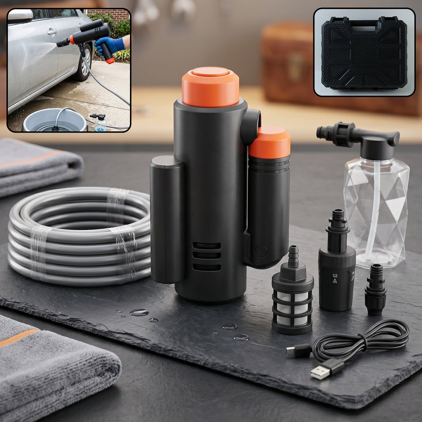 Rechargeable high-pressure spray gun kit with accessories for home and car cleaning.