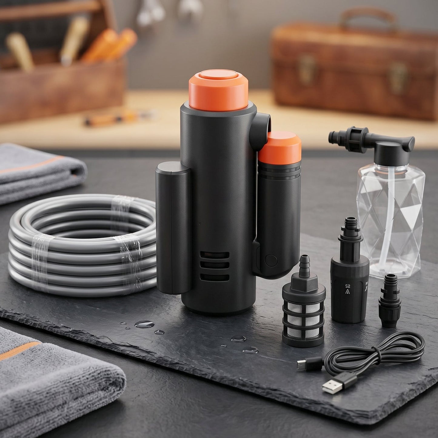 Lightweight cordless pressure washer with versatile nozzles for various surfaces.