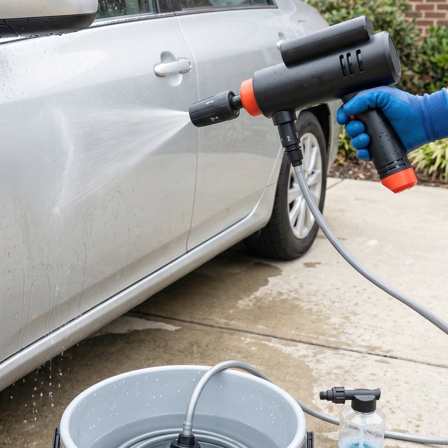 High pressure cordless spray gun for efficient car, bike, and home cleaning.