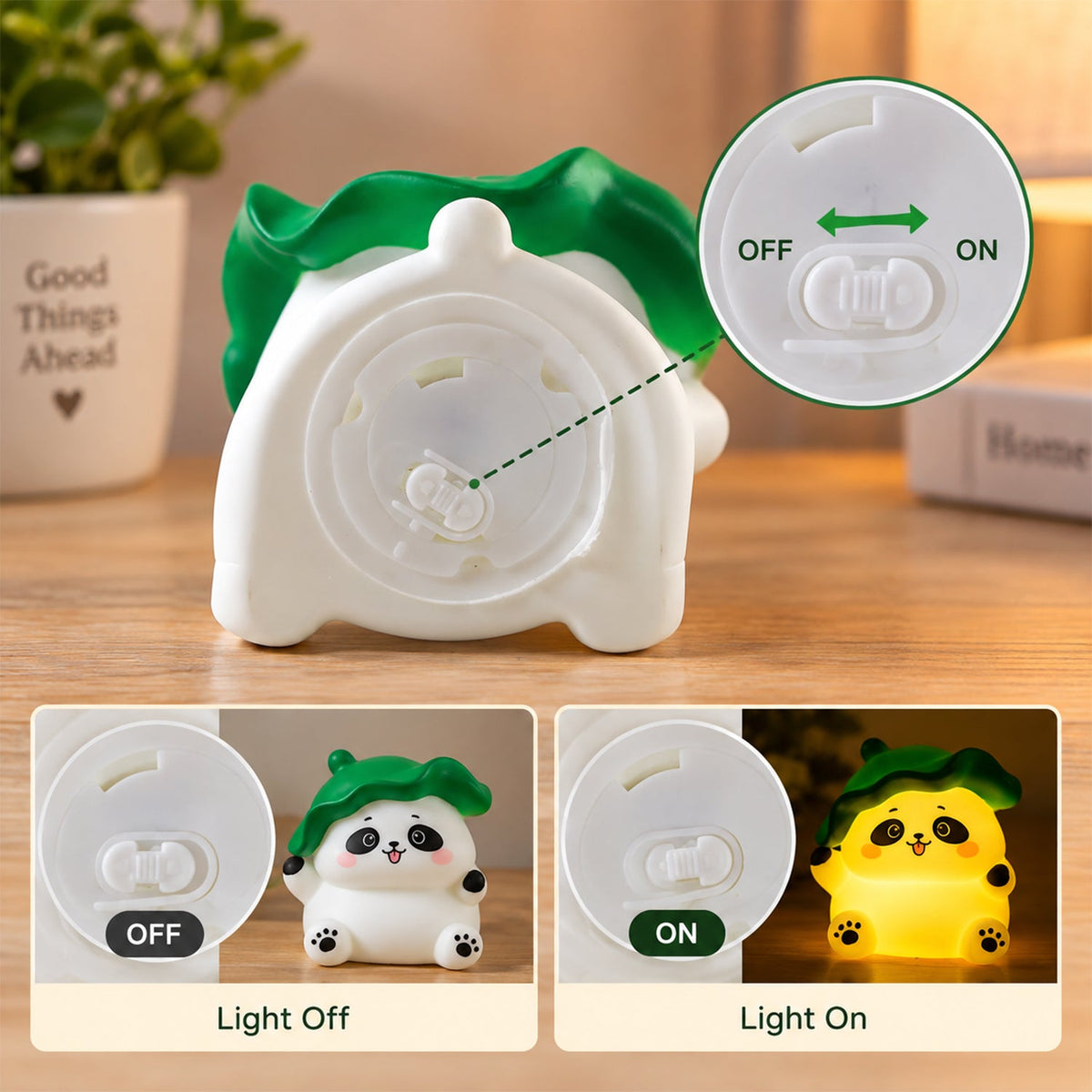 The back of the panda night light shows the battery compartment and on/off switch, with insets demonstrating its function.