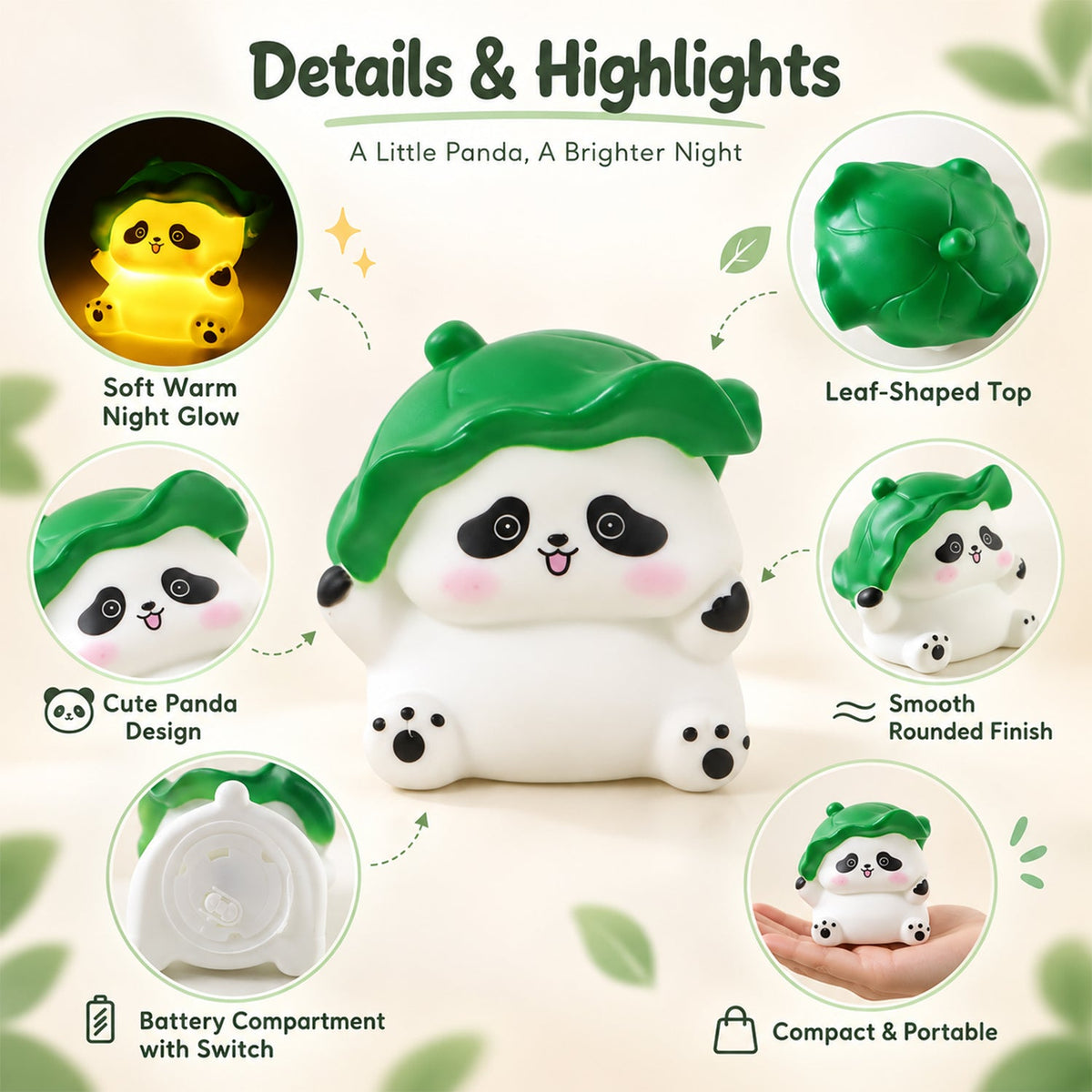 A collage of images highlights the panda night light's features, including its glow, design, and portability.