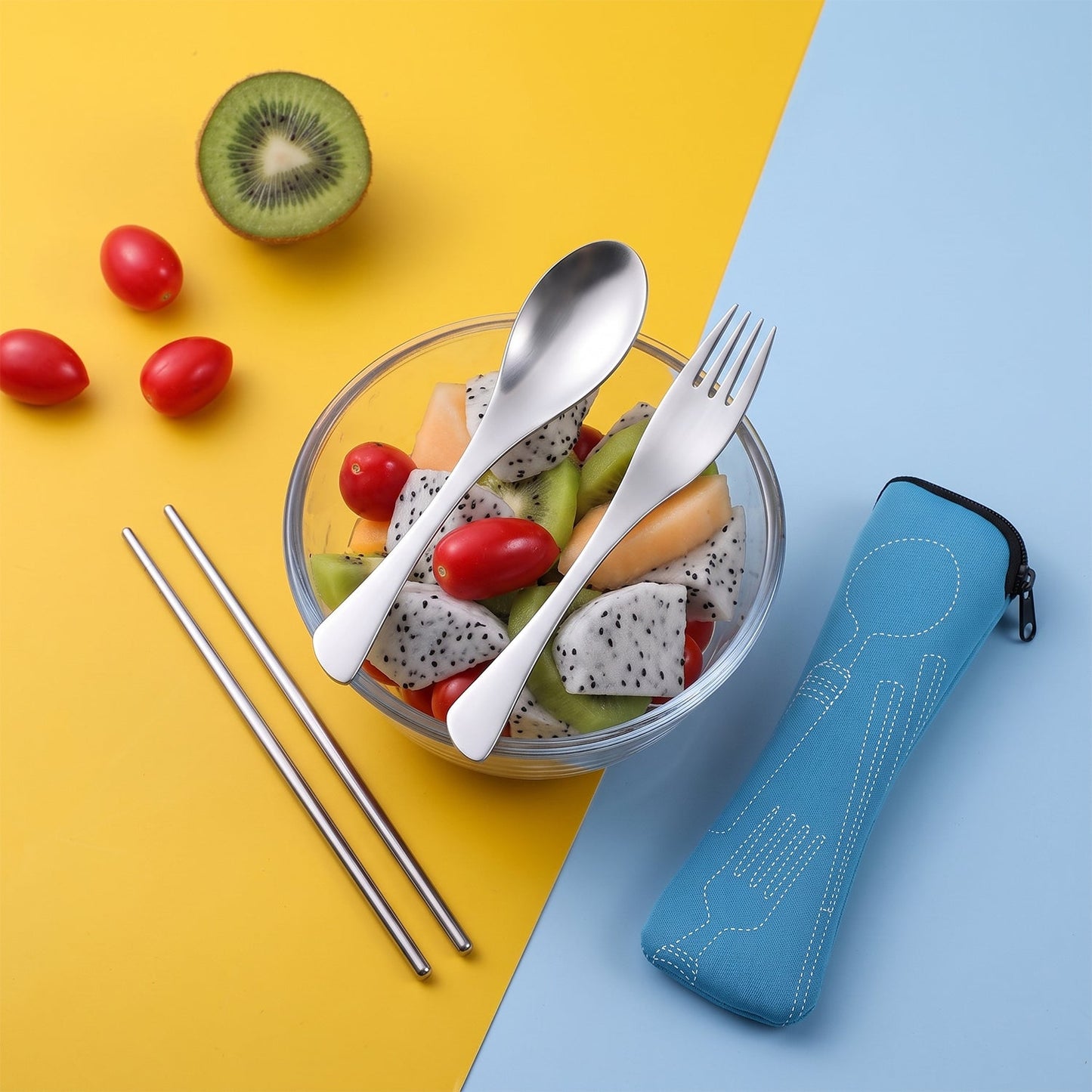 4-in-1 Portable Cutlery Set with Pouch, Steel Spoon Fork and Chopsticks (1 Set)