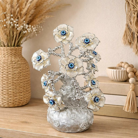 Silver Lucky Flower Tree Showpiece with Evil Eye Home Decor Statue