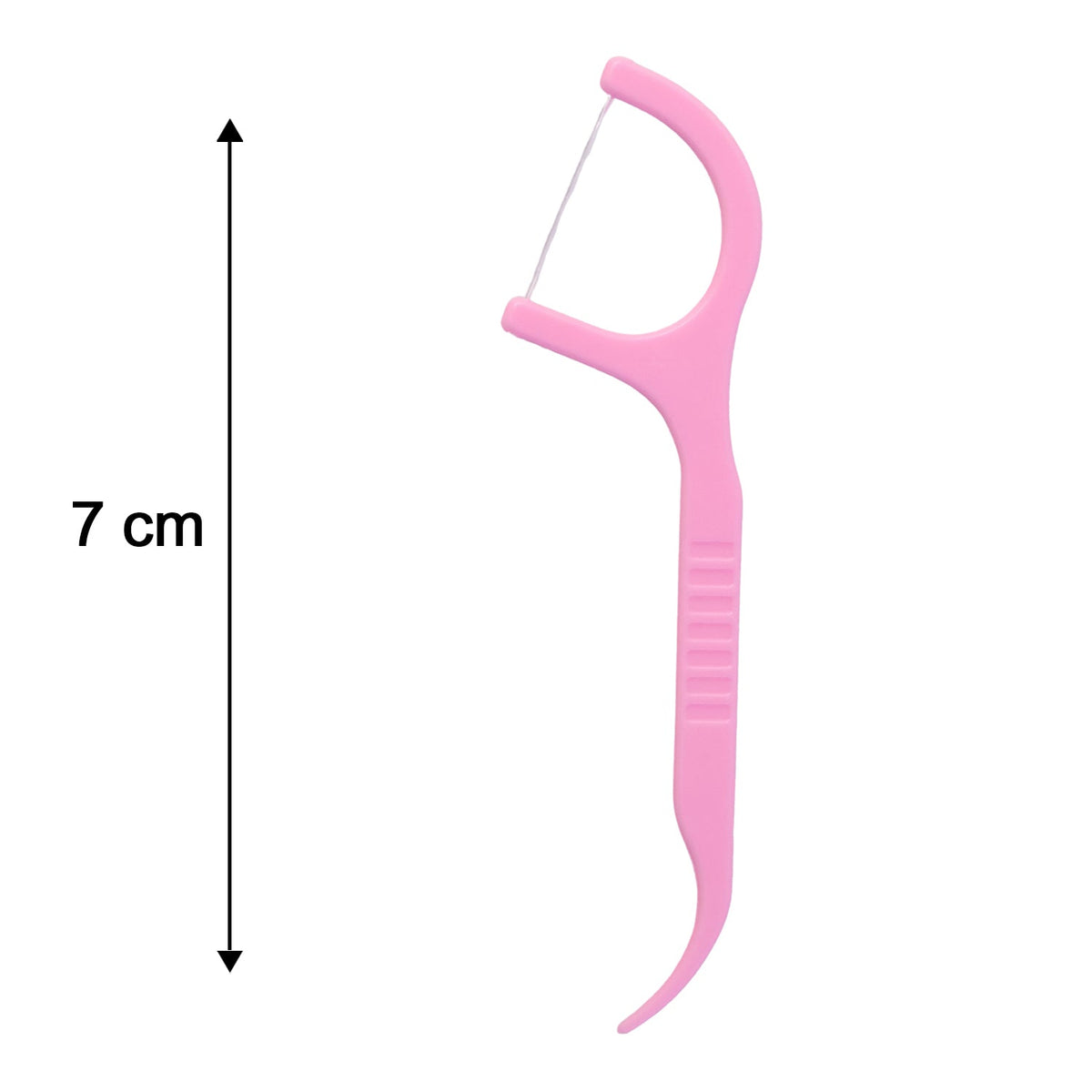 A single pink dental floss pick with a 7 cm measurement indicated by a vertical arrow on a white background.