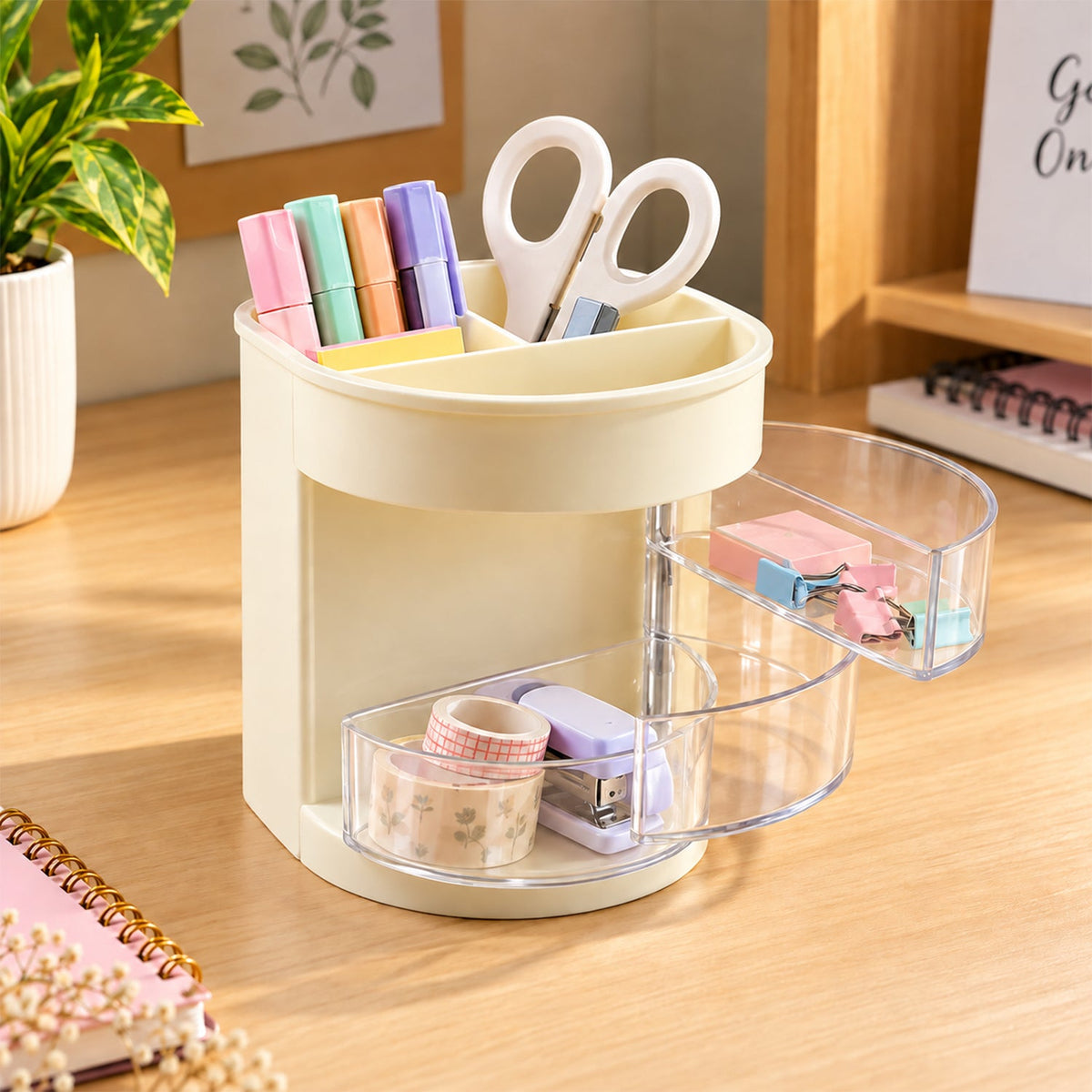 Plastic pen holder 6 compartments clear drawers