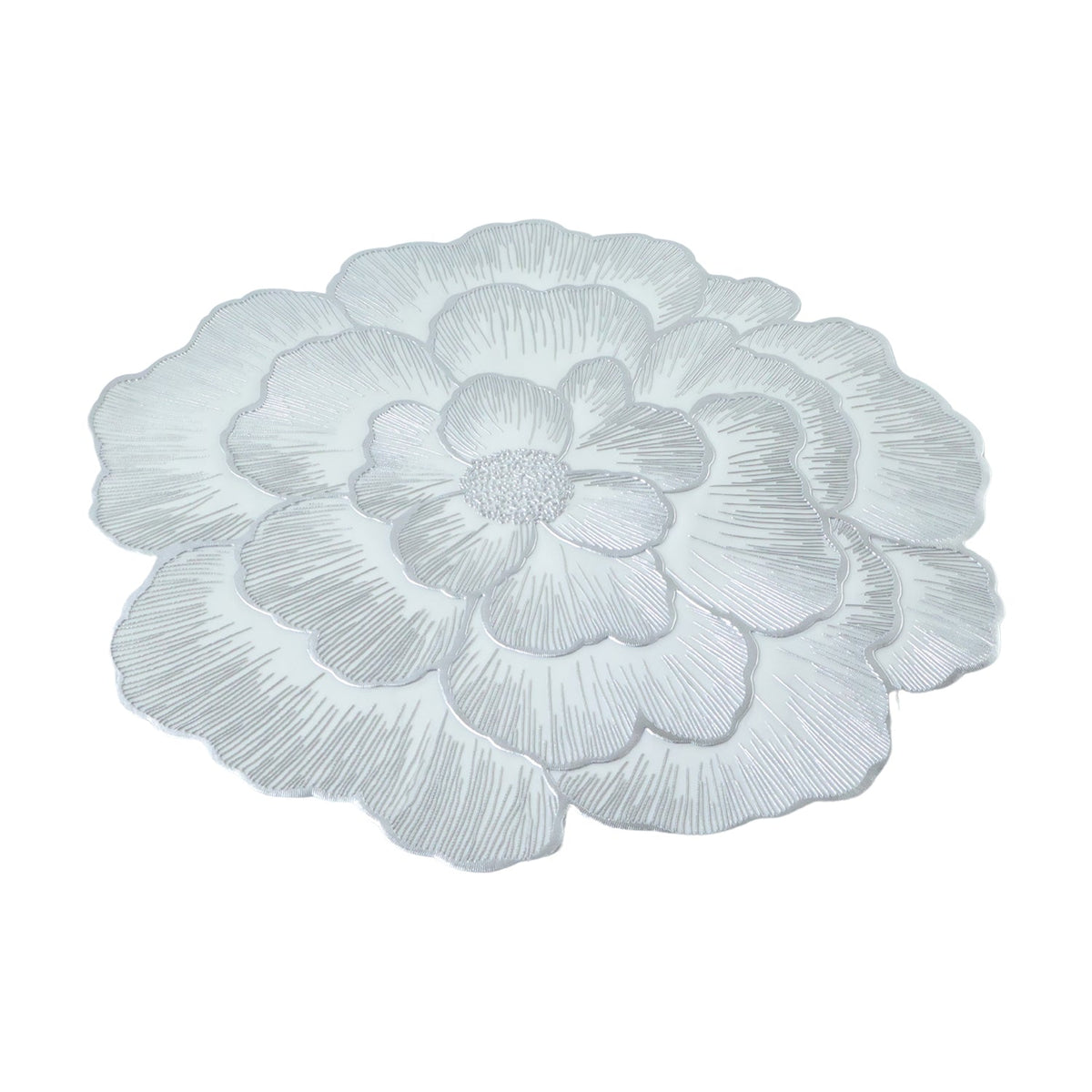 A single silver floral placemat with a detailed textured surface on a white background.