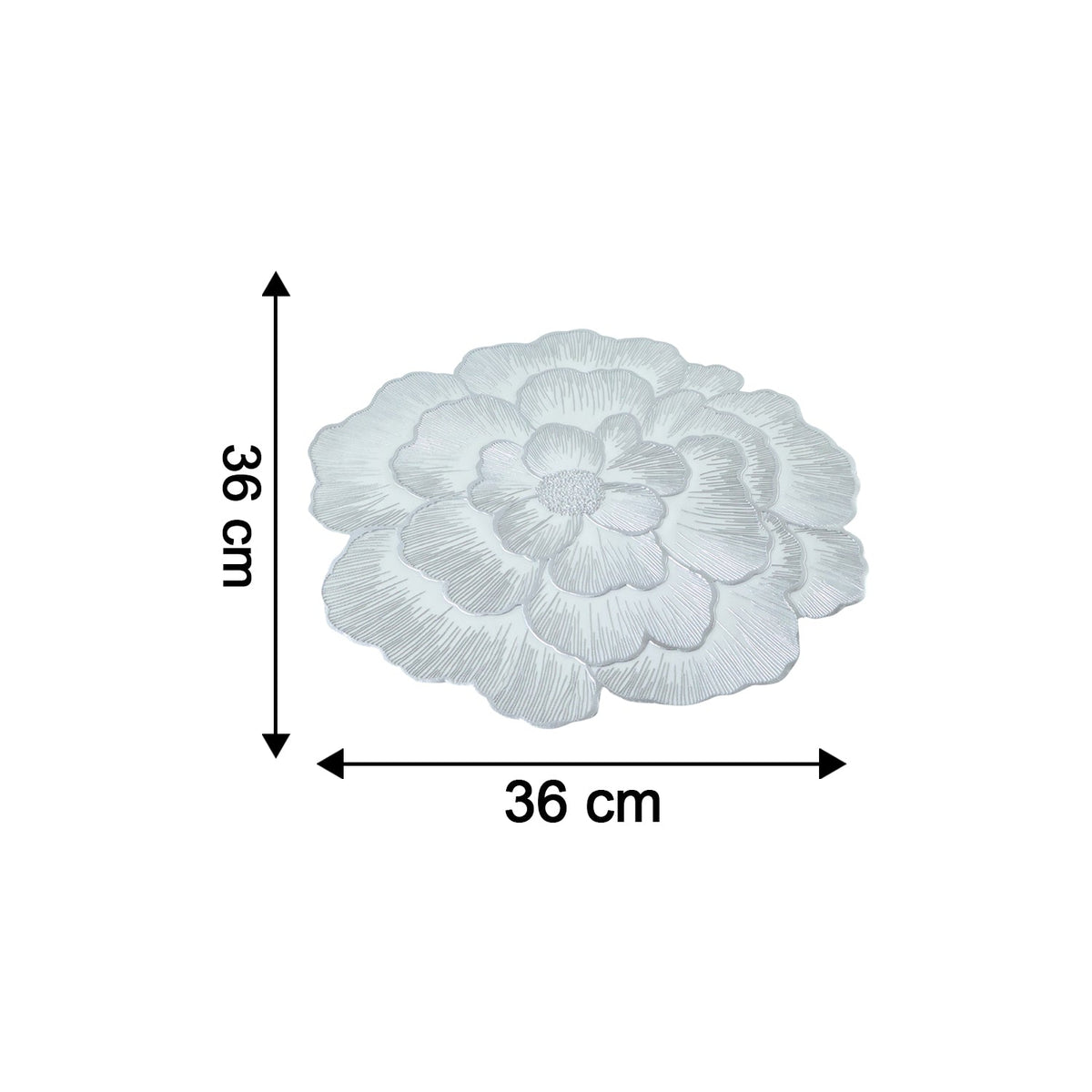 A single silver floral placemat with dimensions 36 cm by 36 cm on a white background.