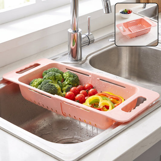 Adjustable Plastic Over the Sink Drain Basket Colander with Handles (1 Pc)