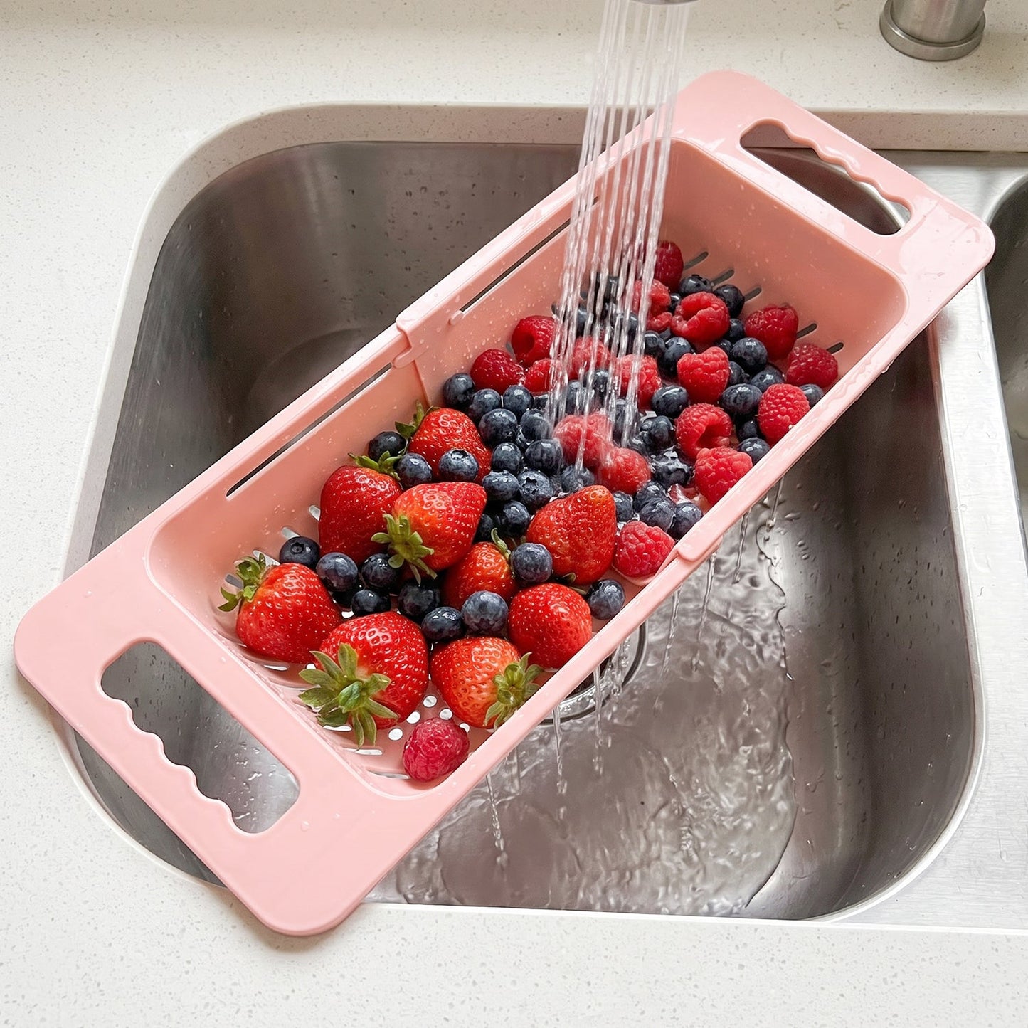 Adjustable Plastic Over the Sink Drain Basket Colander with Handles (1 Pc)