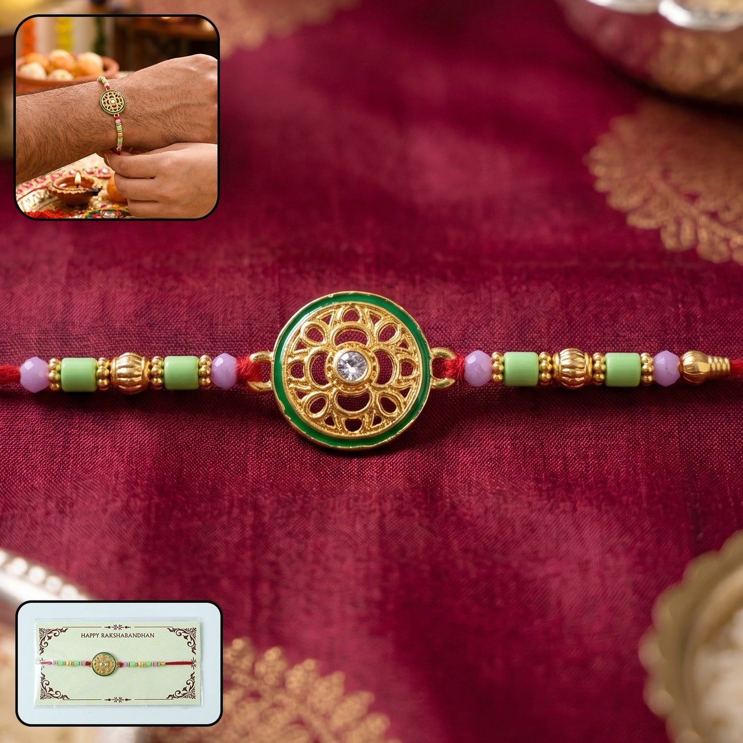 Close-up of antique golden floral wheel designer Rakhi