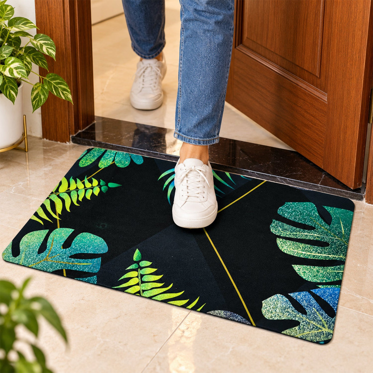 Tropical leaf print floor mat doorway